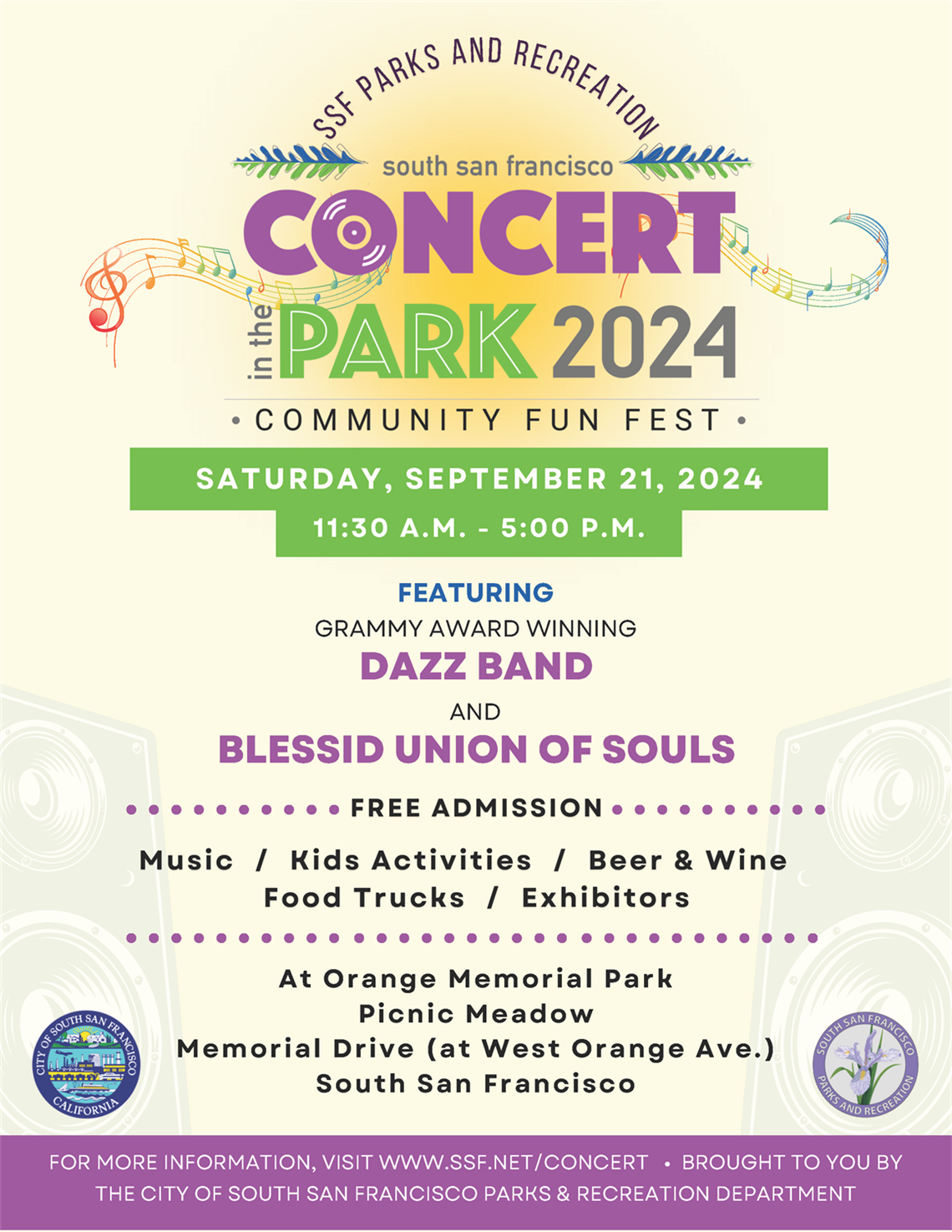 Flyer promoting 2024 Concert in the Park on Sept. 21 featuring the Dazz Band an Blessid Union of Souls