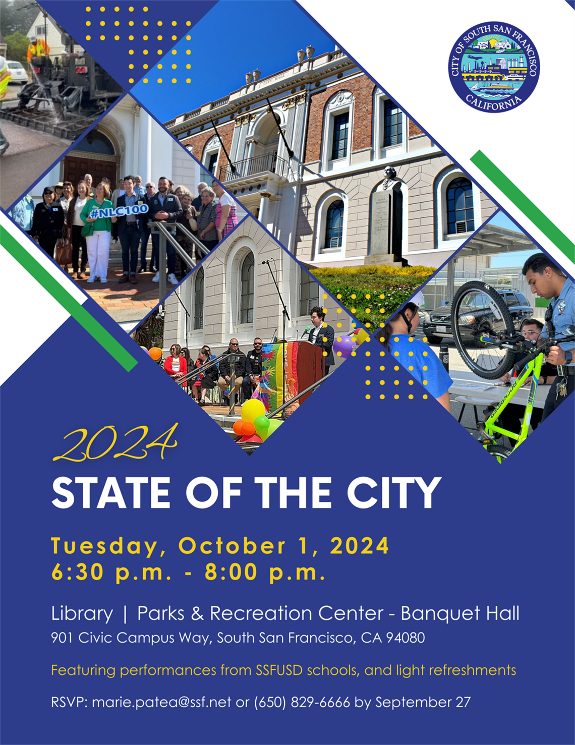 2024 State of the City Flyer with details promoting the event on Tuesday, October 1 from 6:30 pm to 8:00 pm at the Banquet Hall in the Library | Parks & Recreation Center