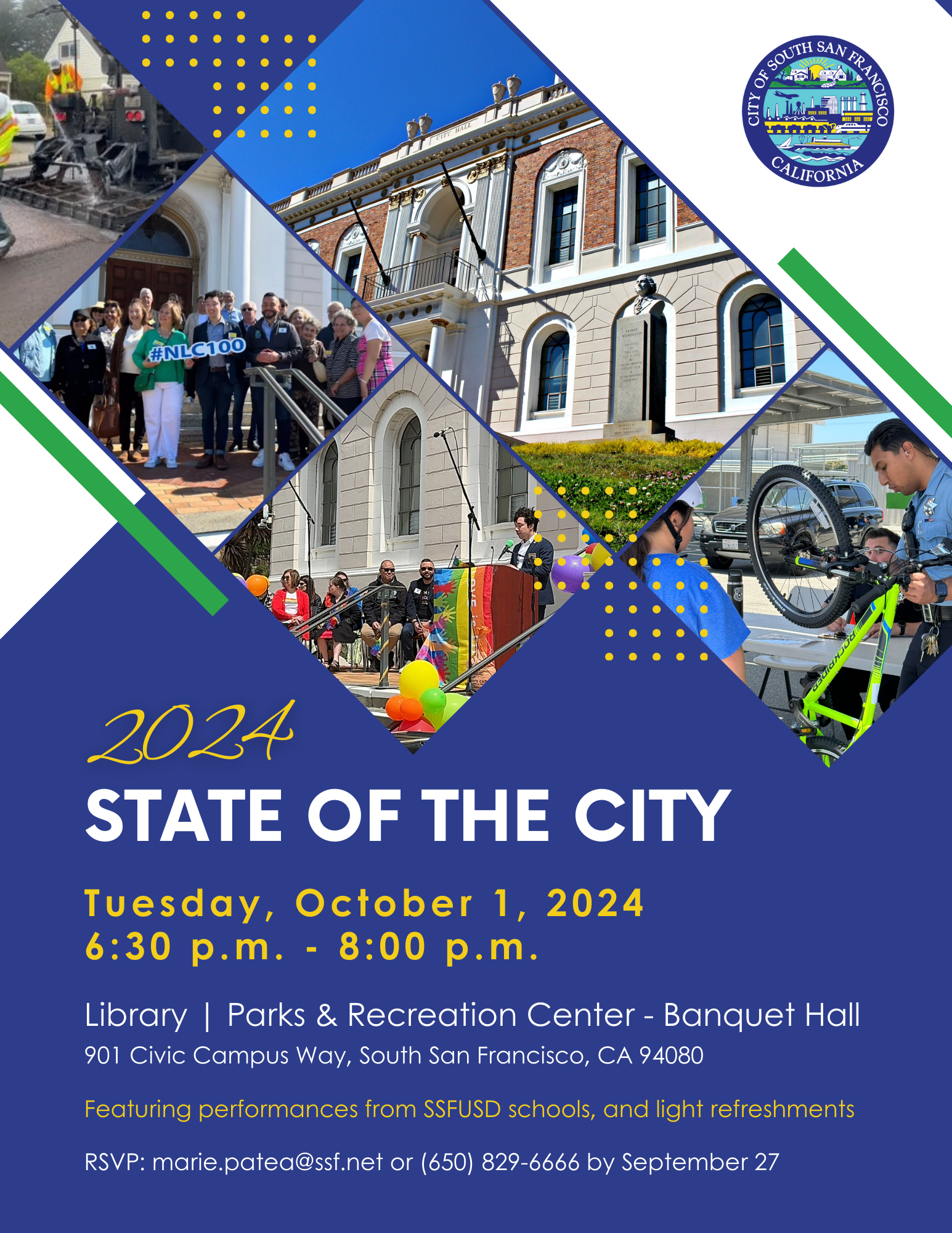 2024 State of the City Flyer with details promoting the event on Tuesday, October 1 from 6:30 pm to 8:00 pm at the Banquet Hall in the Library | Parks & Recreation Center