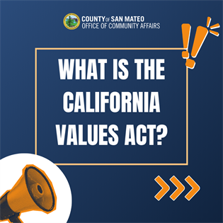 Image with megaphone, exclamation point, arrows, and County Seal