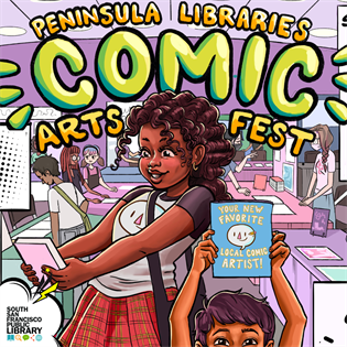 Comic graphic of two children looking at books