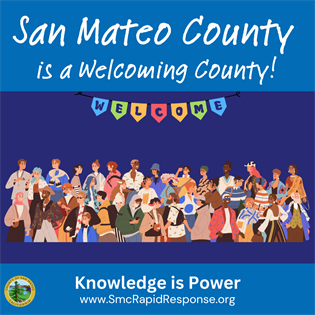 Drawing of several people conversing with one another underneath a colorful welcome banner