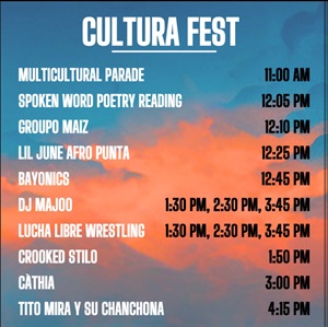 Background of the sky at sunrise with pink clouds. Text reads the program for Cultura Fest