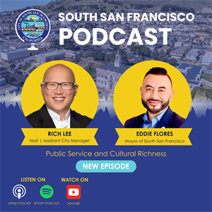 Mayor Eddie and Assistant City Manager Rich Lee's headshots with a blue background, and an aerial shot of City Hall 