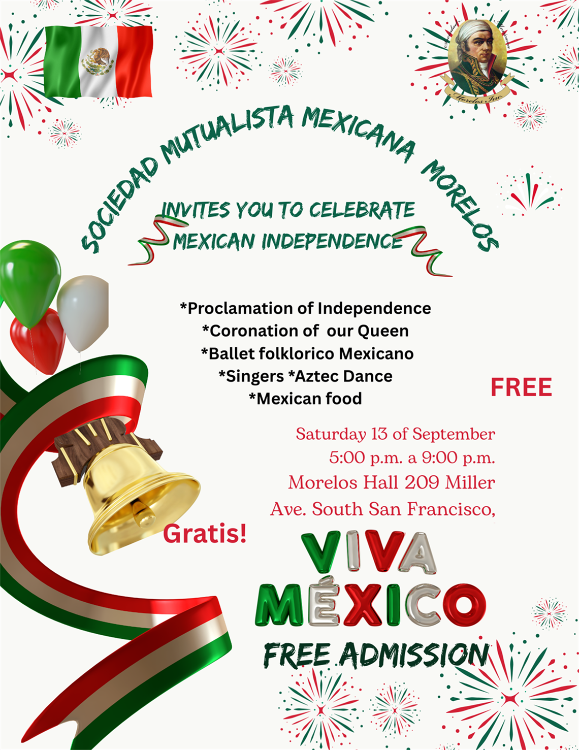 Fiesta Patrias with red, white, and green balloons, a golden bell, the Mexican flag.