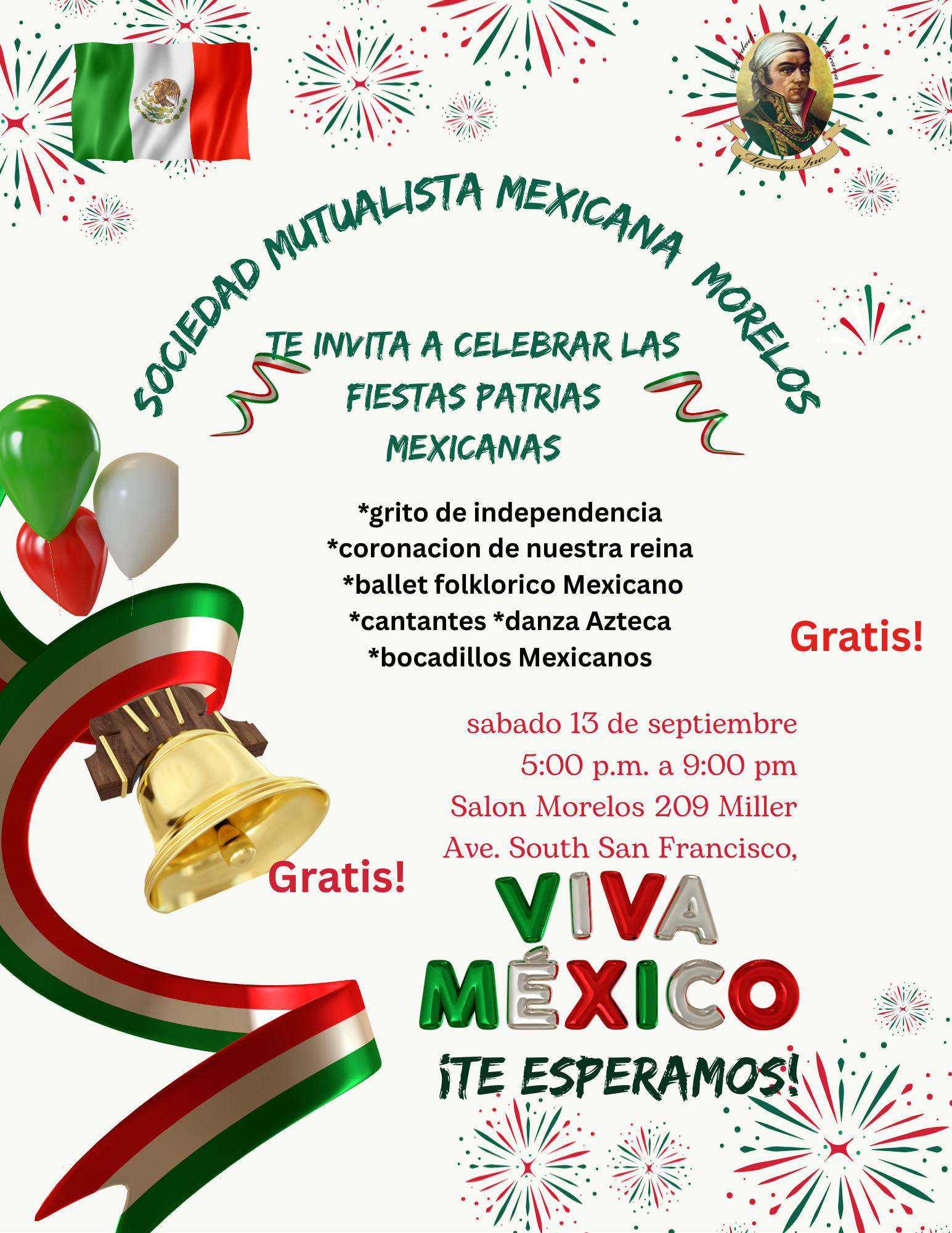Fiesta Patrias flyer in Spanish with red, white, and green balloons, a golden bell, the Mexican flag.