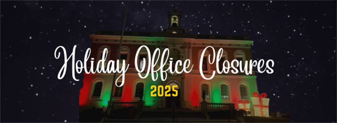 City Hall with holiday decorations under a starry night sky