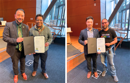 Mayor Eddie and Councilmember James Coleman presenting proclamations to recipients for Pride and Juneteenth