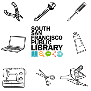 tools, craft materials, sewing machine, and Library's logo