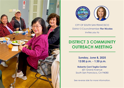 Seniors having lunch and Councilmember Flor's headshot