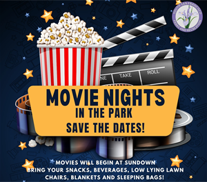 Movie Night flyer with popcorn, clapperboard, stars, and movie posters for Inside Out 2 and Moana 2