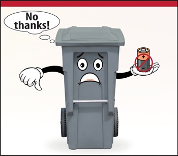 Garbage can holding batteries and giving a thumbs down