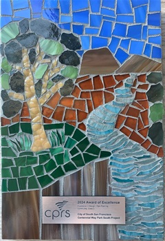 Mosaic of a park with tree, river, grass, and sky