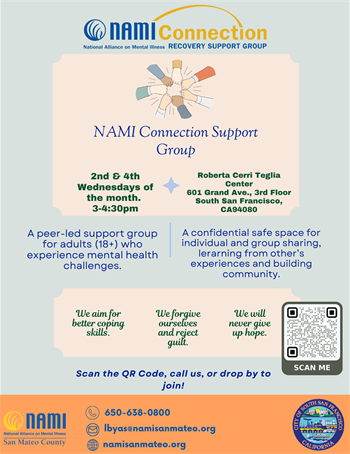 Flyer for NAMI workshop 18+ - blue and yellow icons