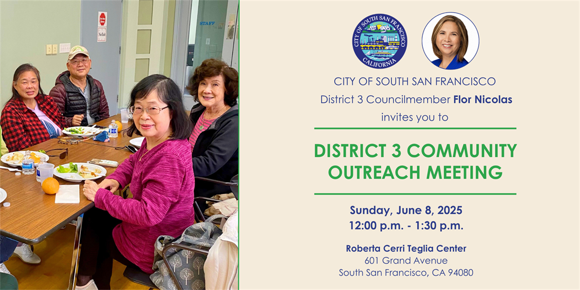 Seniors eating at the Teglia Center and Councilmember Flor Nicolas' headshot
