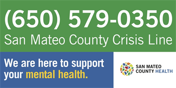 Crisis line phone number in green, blue, and white boxes