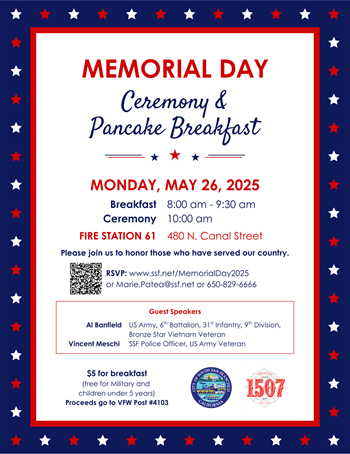 Memorial Day Pancake and Ceremony flyer with stars and stripes