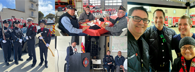 The Color Guard posing in front of a fire truck, Mayor Eddie speaking at the Ceremony, and Fire Chiefs posing with a resident