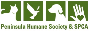 Peninsula Humane Society & SPCA logo with a cat, bird, dog, and hand with a heart