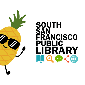 Pineapple with sunglasses waving hello and the SSF Public Library Logo