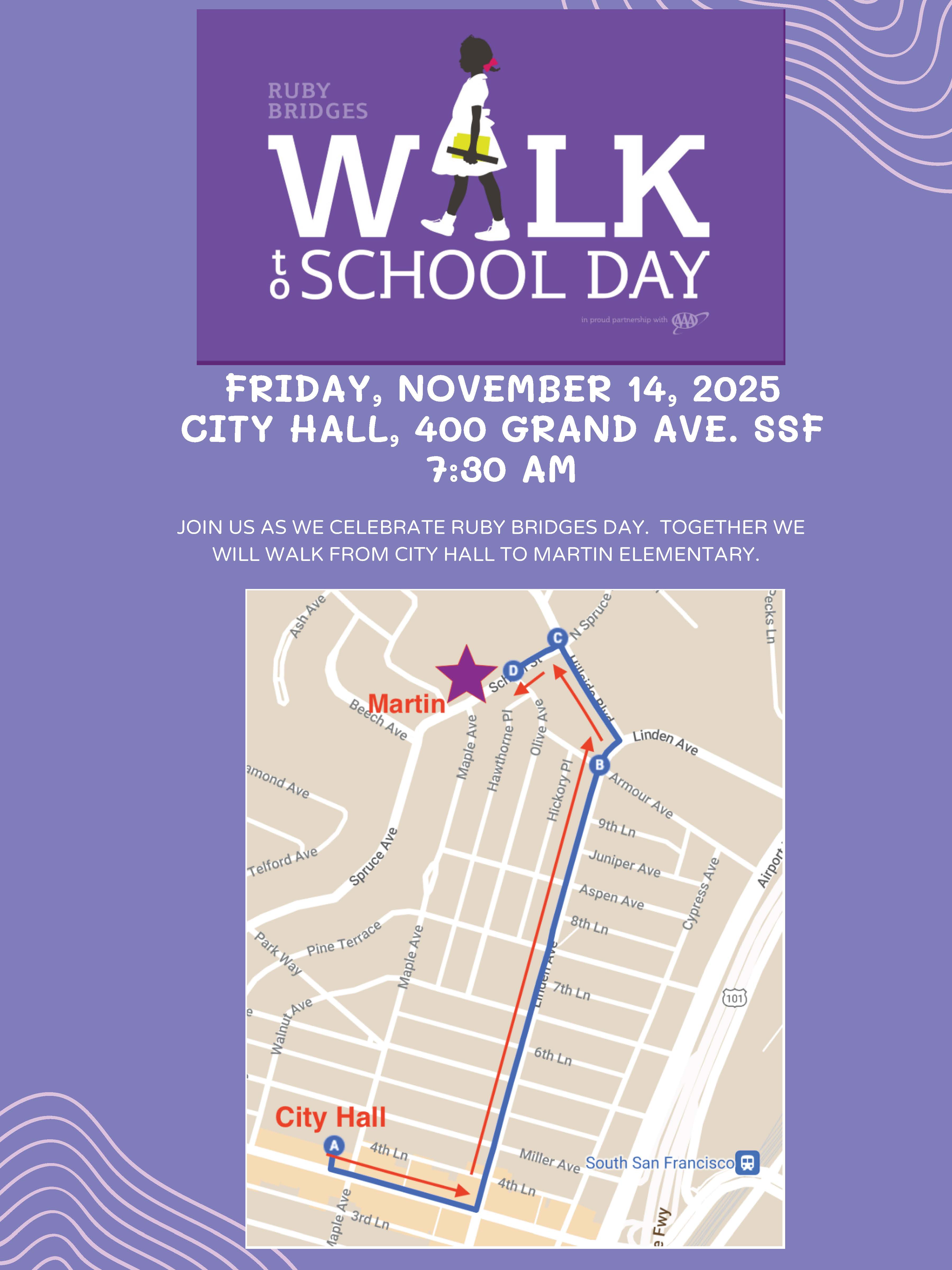 Ruby Bridges Poster: Caricature of a little girl walking with a purple background along with the students walking route to City Hall