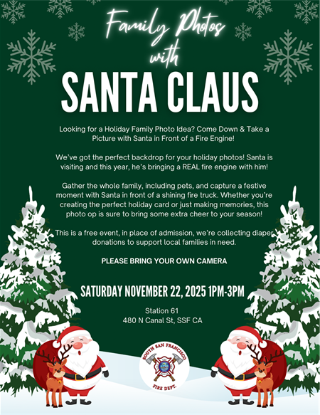 Santa and his reindeer in front of a snow-covered tree standing in the snow