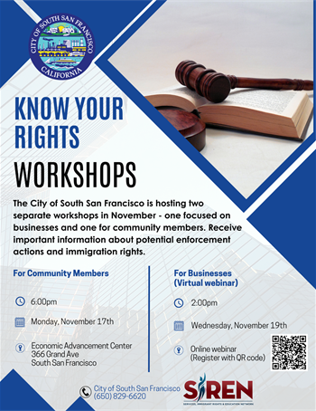 A gavel on a book. Flyer includes text about the Know Your Rights Workshops