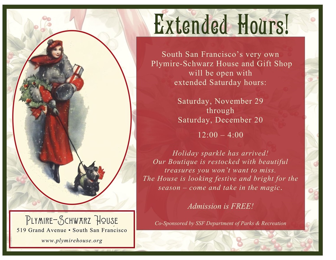 A victorian-era lady in a gray sweater and red dress with a red hat and scarf holding a wreath in one arm, and a gift in another while walking a black terrier dog