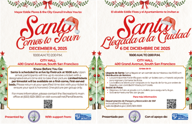 Santa Comes to Town flyer with two Christmas trees dressed with red ornaments, and a green garland with a red bow and red berries