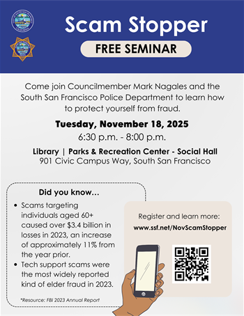 A hand holding onto a phone; Flyer contains text about the free seminar 