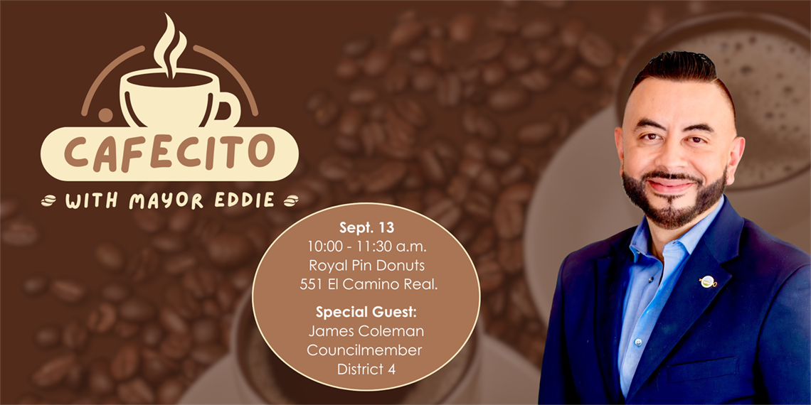 Mayor Eddie's headshot. He's wearing a blue suit and a blue shirt. His photo sits above an enlarged photo of a cup of coffee and scattered coffee beans.