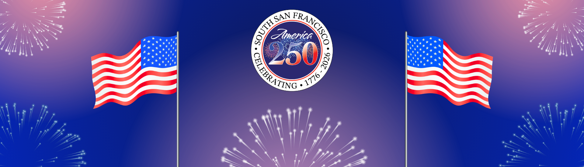 America 250 and two American flags overlaid on a blue background