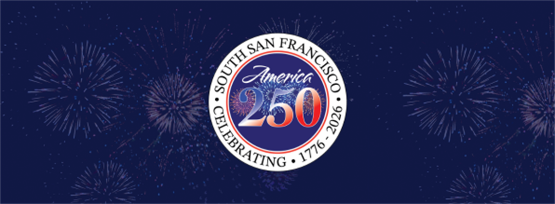 South San Francisco America 250 logo with red, white, and blue fireworks