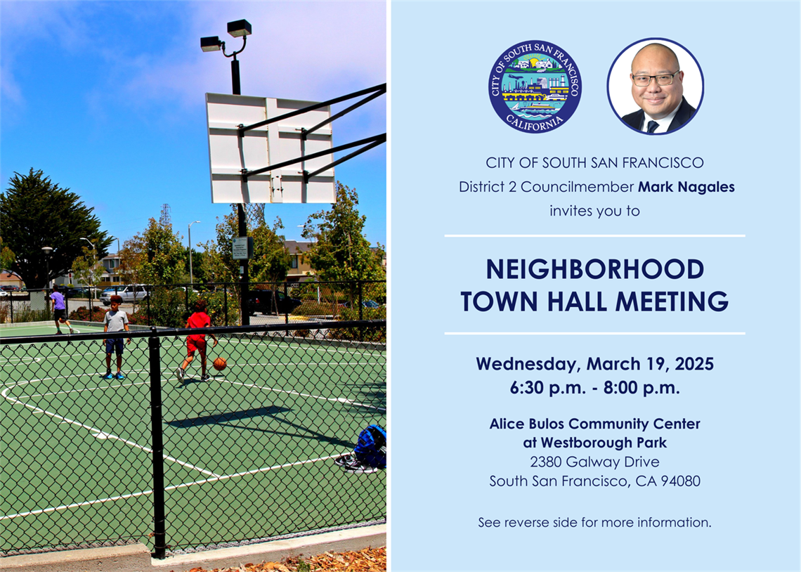 Children playing in basketball court, City seal, and Mark Nagales headshot
