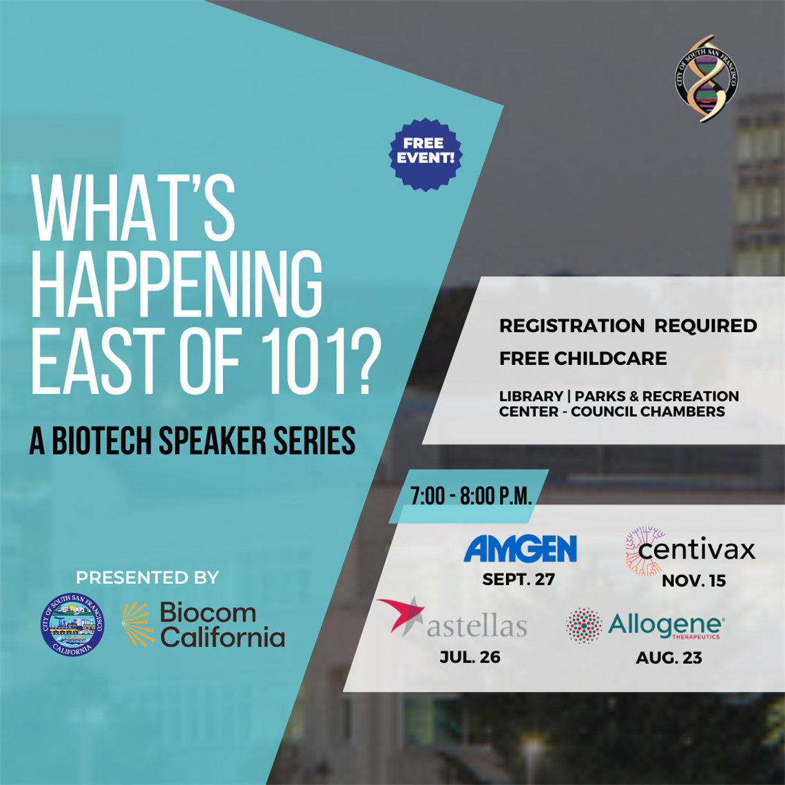 Speakers series flyer with dates and logos of speakers