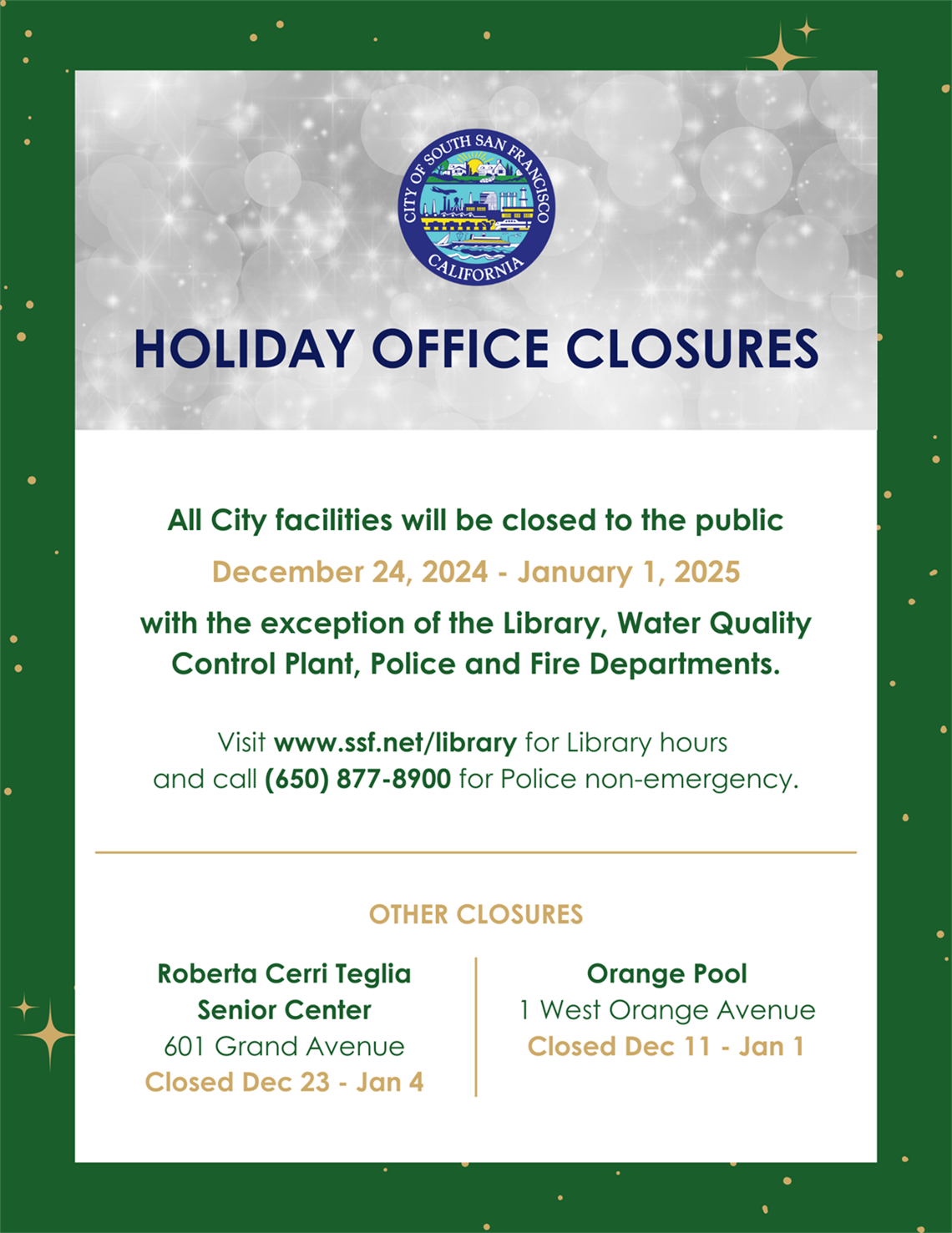 Holiday Office Closures flyer with information about the office hours