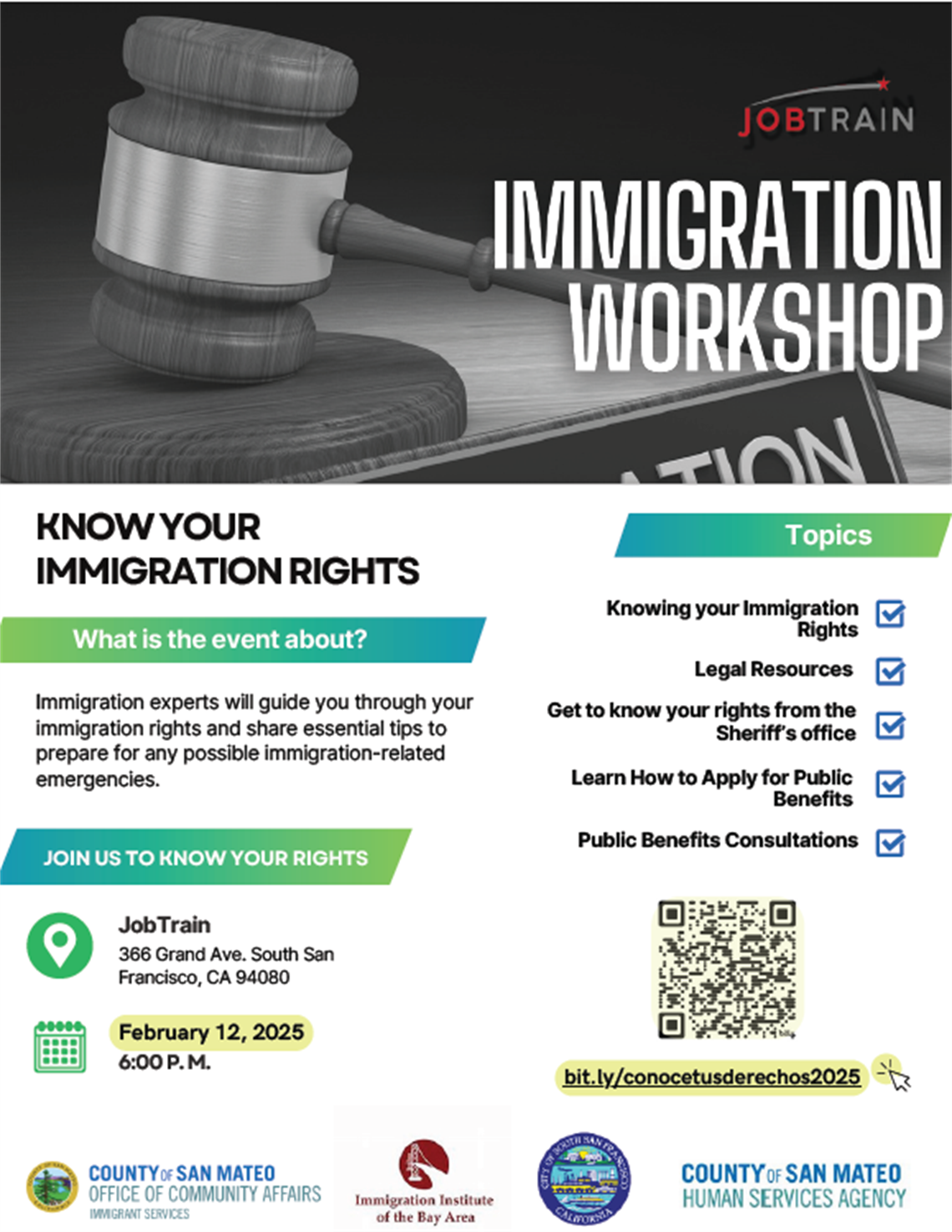 Gavel with language around the upcoming immigration workshop