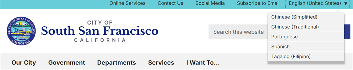 Language Options in the top navigation bar of the City website