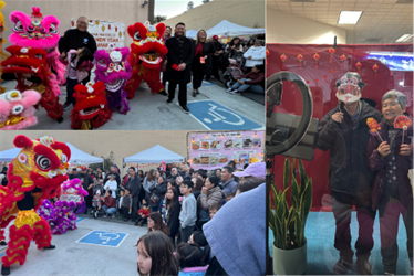 Mayor Eddie, Councilmember Nagales with lion dragon performers and seniors at a photobooth