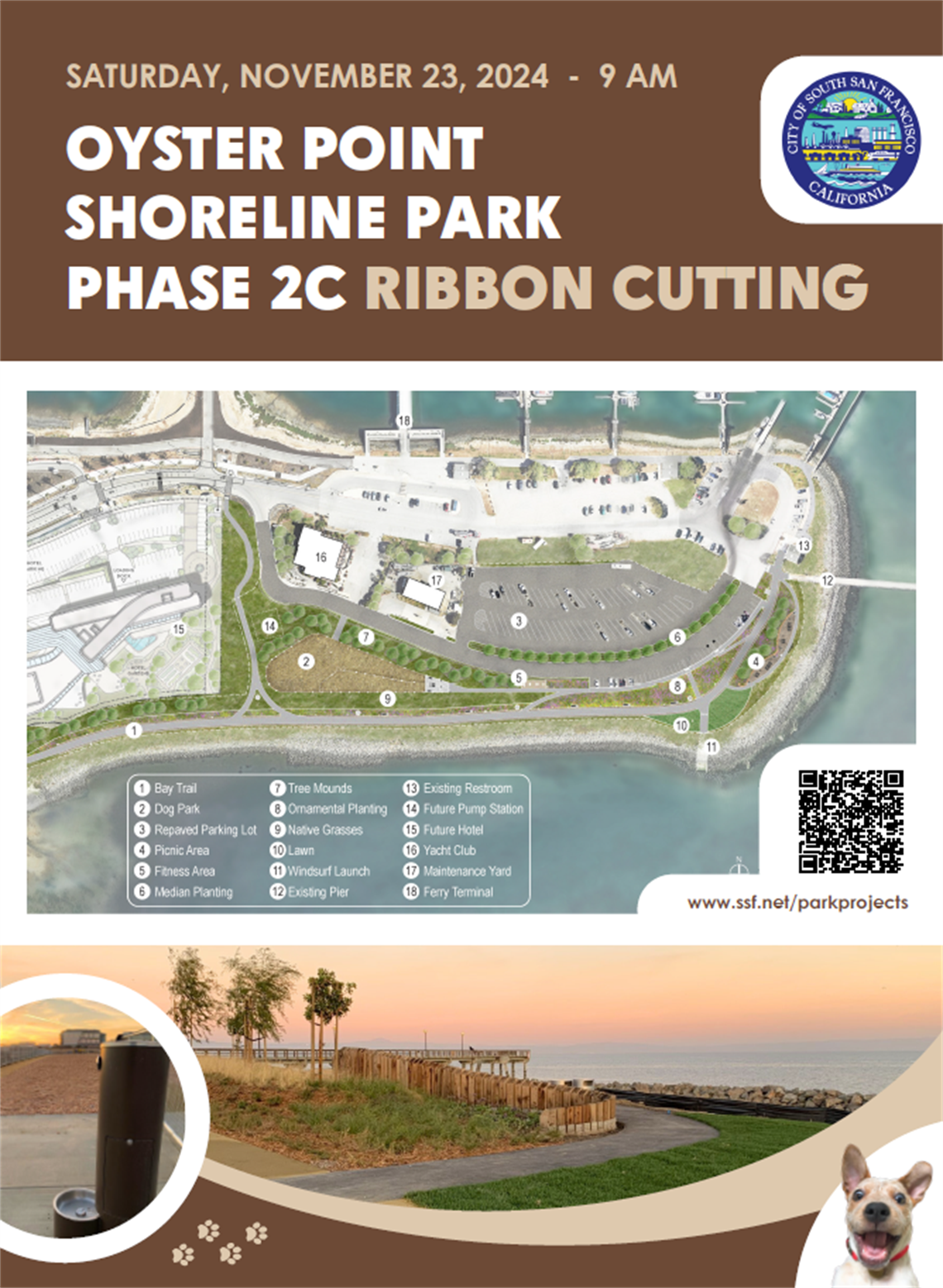 Oyster Point Shoreline Park Phase 2C flyer promoting the ribbon-cutting event on November 23 with images of a map of the new park, the new dog park, and a dog that's excited to be there