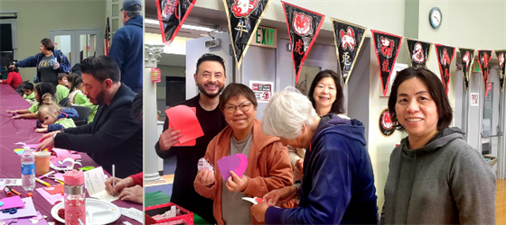 Mayor Eddie, preschool children, and seniors decorating Valentines for troops