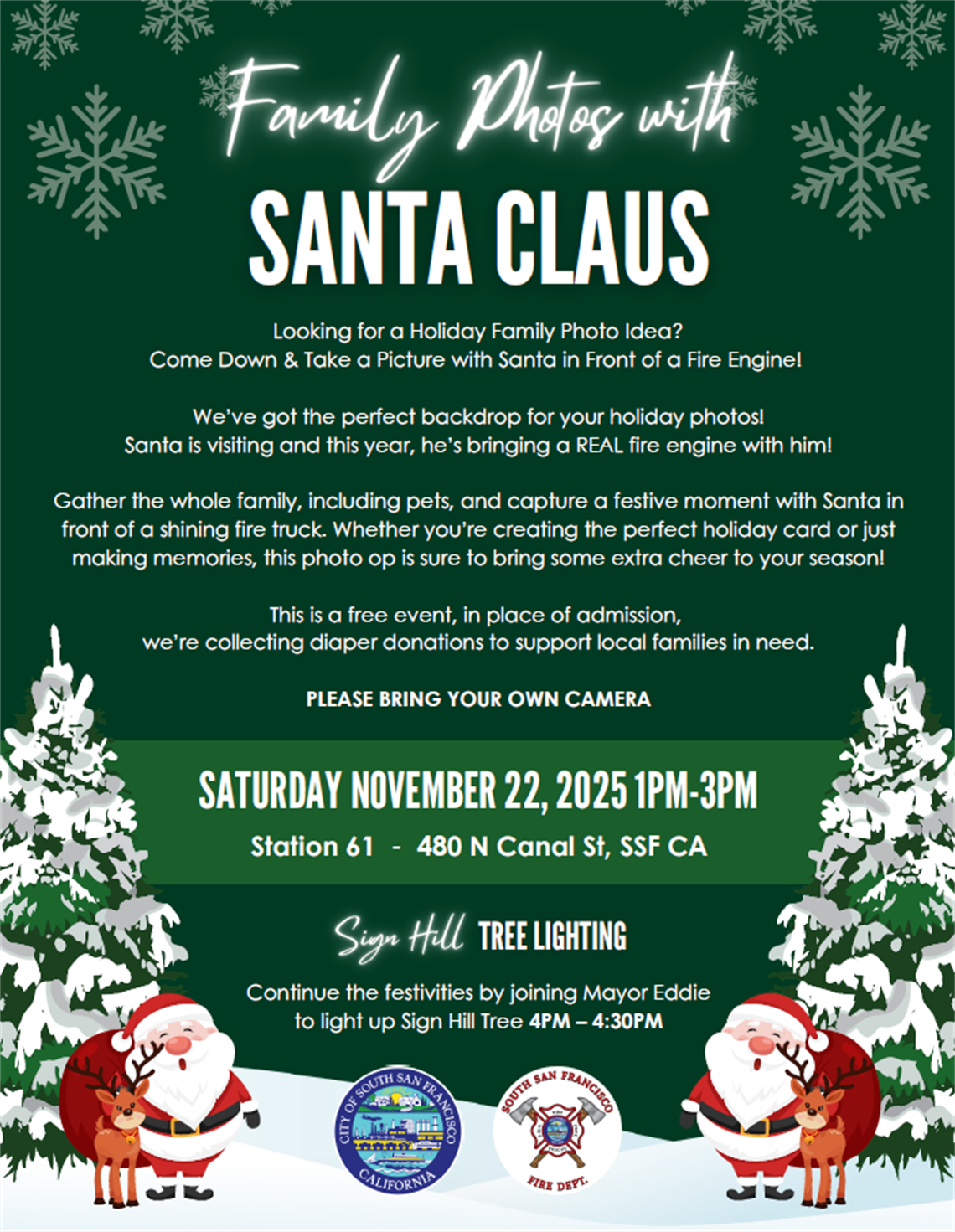 Santa and a reindeer in front of a snow covered tree with a dark green background