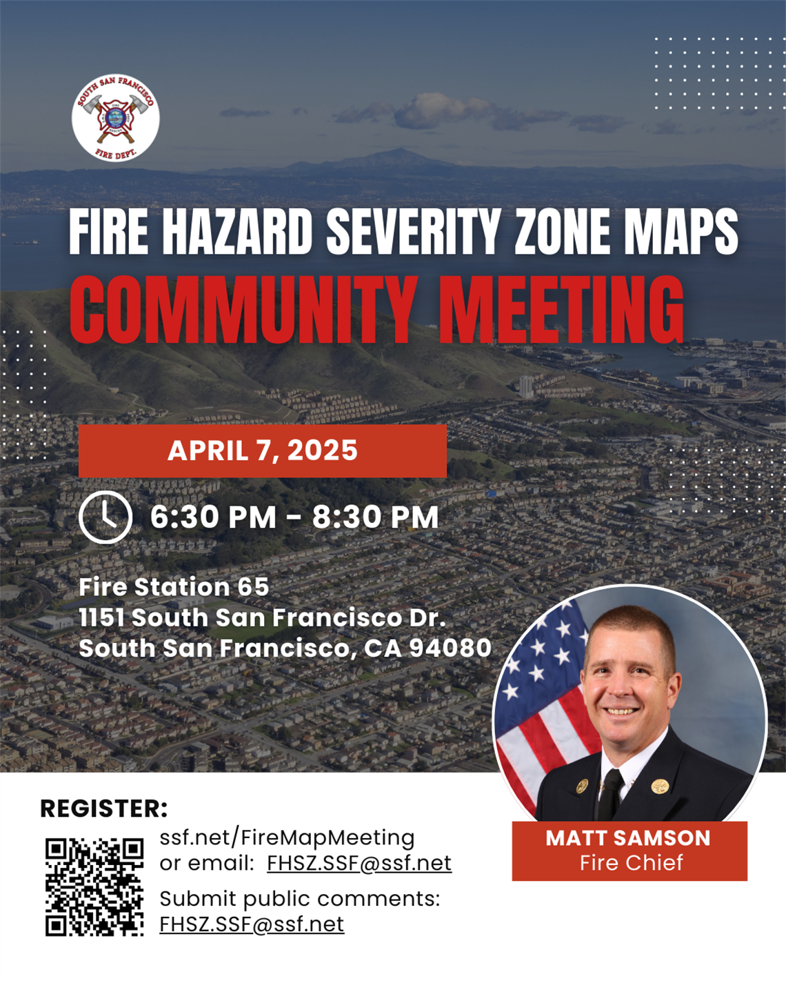 Fire Chief Samson's headshot and an aerial shot of SSF