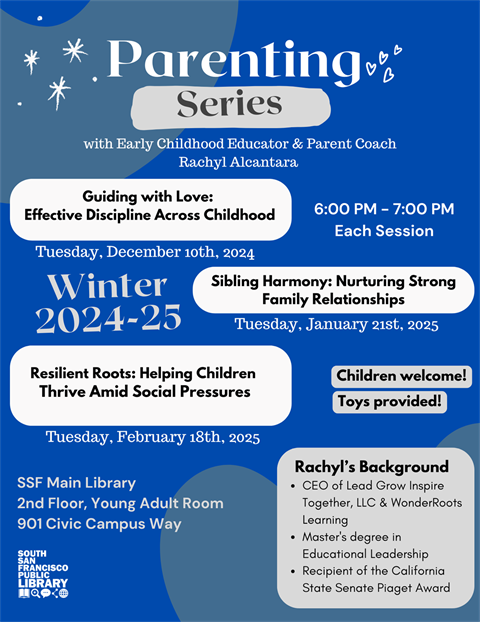 Parenting Series Flyer, Guiding with Love, Sibling Harmony, Resilient Roots.