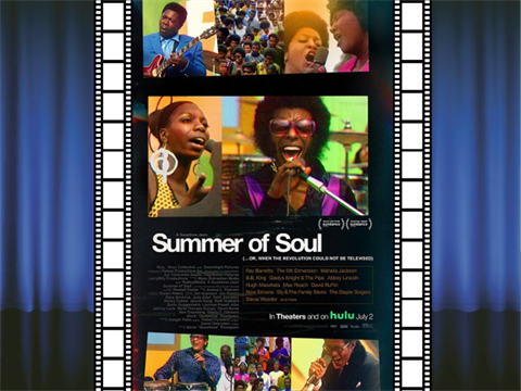 Summer of Soul movie poster framed by film reel images with a movie theater curtain in the background