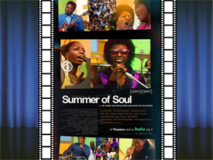 Summer of Soul movie poster framed by film reel images with a movie theater curtain in the background
