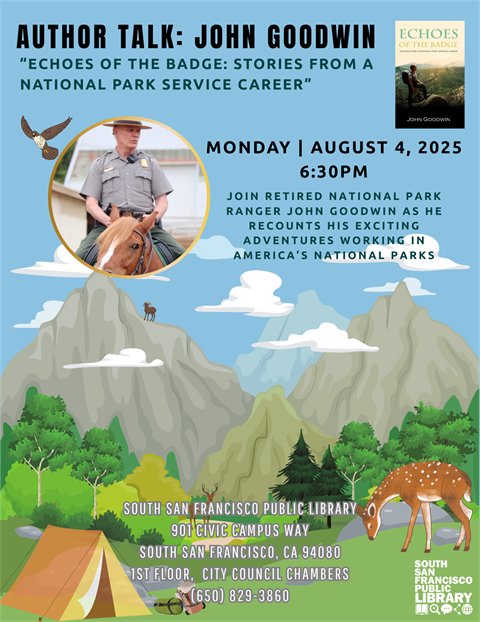 Former park ranger John Goodwin and his book, with a deer grazing in a meadow and mountains in the background