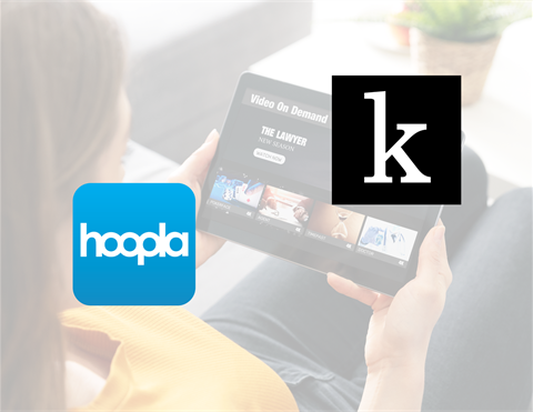 Someone watching a video on a tablet and hoopla and Kanopy logos