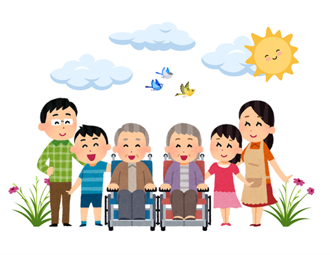 Cartoon graphic of grandparents and grandchildren posing for a photo