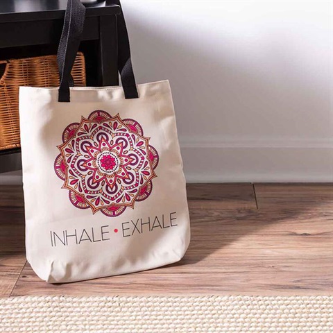 Inhale Exhale Tote Bag with a mandala design (Infusible Ink sublimation project for Creative Lounge library program)